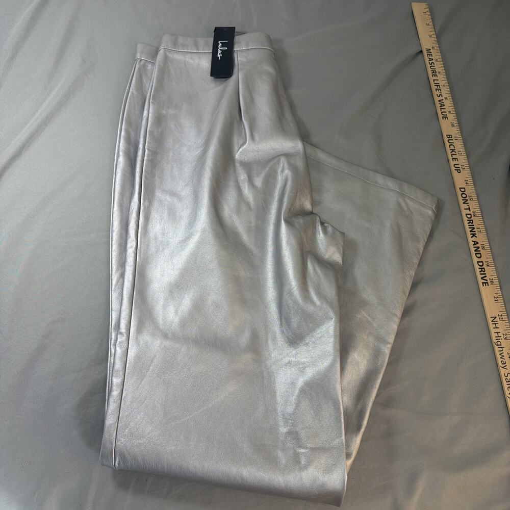 Lulus Futuristic Flair Silver Vegan Leather Straight Leg Pants women's size L